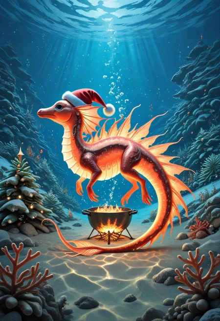 masterpiece, best quality, high quality, good quality, man, animal face, Seahorses, christmas animals, cooking, underwater, glowing corals, festive ambiance, bioluminescence, holiday theme, detailed, intricate details, dynamic lighting, festive accessories, Santa hats, christmas animals, d2j3m0x