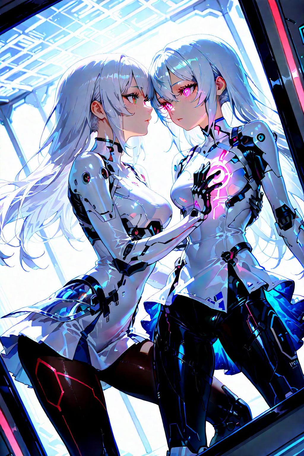 SilverPulse2girl, Double Exposure style, dynamic angle, hand on mirror, A multiple exposure photo of a cyborg girl with a glowing eye and a human girl with white hair, Both girls have white outfits and are standing in a futuristic science fiction world with white tones, The background contains white structures with glowing red lines, The lighting effects create a beautiful luster, armored skirt, black pantyhose, (reflection, science fiction), [(superimposition style background:1.05)::0.2], (mirror background:1.2), masterpiece, best quality, amazing quality, very aesthetic, absurdres, highres, newest, intricate details, high contrast, eyelashes, brilliant skin, shiny skin, perfect hand,  <lora:enhancerV4-pony:1> <lora:SilverPulseMorphXL:1> <lora:ponyv4_noob1_2_adamW:1> <lora:Double Exposure style:1>