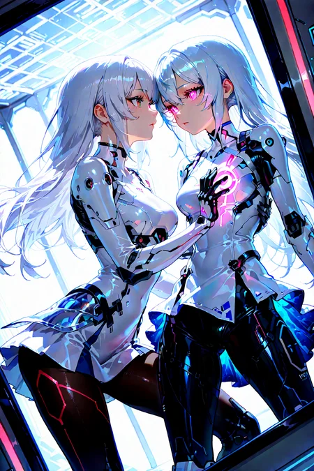 SilverPulse2girl, Double Exposure style, dynamic angle, hand on mirror, A multiple exposure photo of a cyborg girl with a glowing eye and a human girl with white hair, Both girls have white outfits and are standing in a futuristic science fiction world with white tones, The background contains white structures with glowing red lines, The lighting effects create a beautiful luster, armored skirt, black pantyhose, (reflection, science fiction), [(superimposition style background:1.05)::0.2], (mirror background:1.2), masterpiece, best quality, amazing quality, very aesthetic, absurdres, highres, newest, intricate details, high contrast, eyelashes, brilliant skin, shiny skin, perfect hand,  <lora:enhancerV4-pony:1> <lora:SilverPulseMorphXL:1> <lora:ponyv4_noob1_2_adamW:1> <lora:Double Exposure style:1>