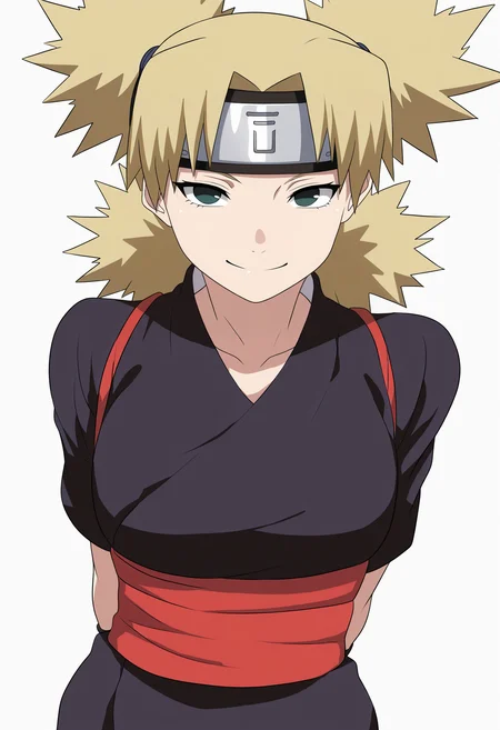 best quality, amazing quality, very aesthetic, absurdres,
1girl, temari, blonde hair,quad tails, dark green eyes,
forehead protector, black kimono, red sash, short sleeves,
arms behind back, solo, upper body, smile, looking at viewer, simple background, white background <lora:TemariShippudenIllustriousXL_byKonan:1>