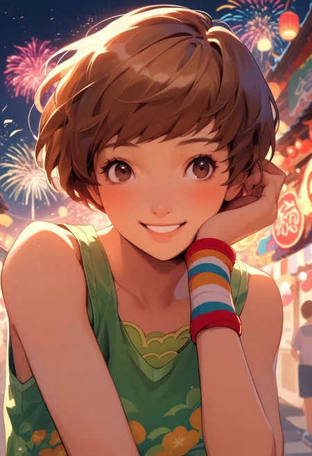 (score_10, score_9_up, score_8_up, score_7_up,) 
Close up,
1girl, solo, chiesummer, brown hair, short hair, brown eyes, green tank top, wristbands, blue shorts, sneakers, shy, smile, bashful, 
nighttime, reflections of fireworks in her eyes, Japan, festival, street food, tucking hair, hand up, hair tucking, hand in hair, adjusting hair