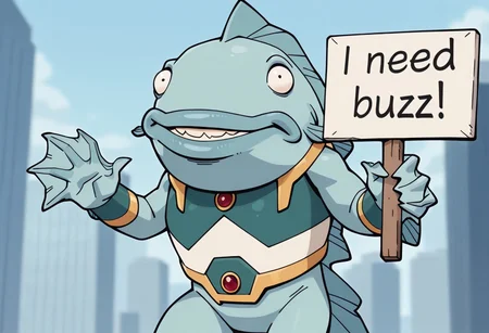 best quality, amazing quality, absurdres, newest, high quality, masterpiece BREAK AquariusINV, 1boy, solo, fish boy, no humans, aquarius outfit, chest piece, superhero, blue skin, male focus, head fin, fish tail, big lips, webbed hands, city,smile, teeth, need_buzz, holding sign, "finally some buzz!"