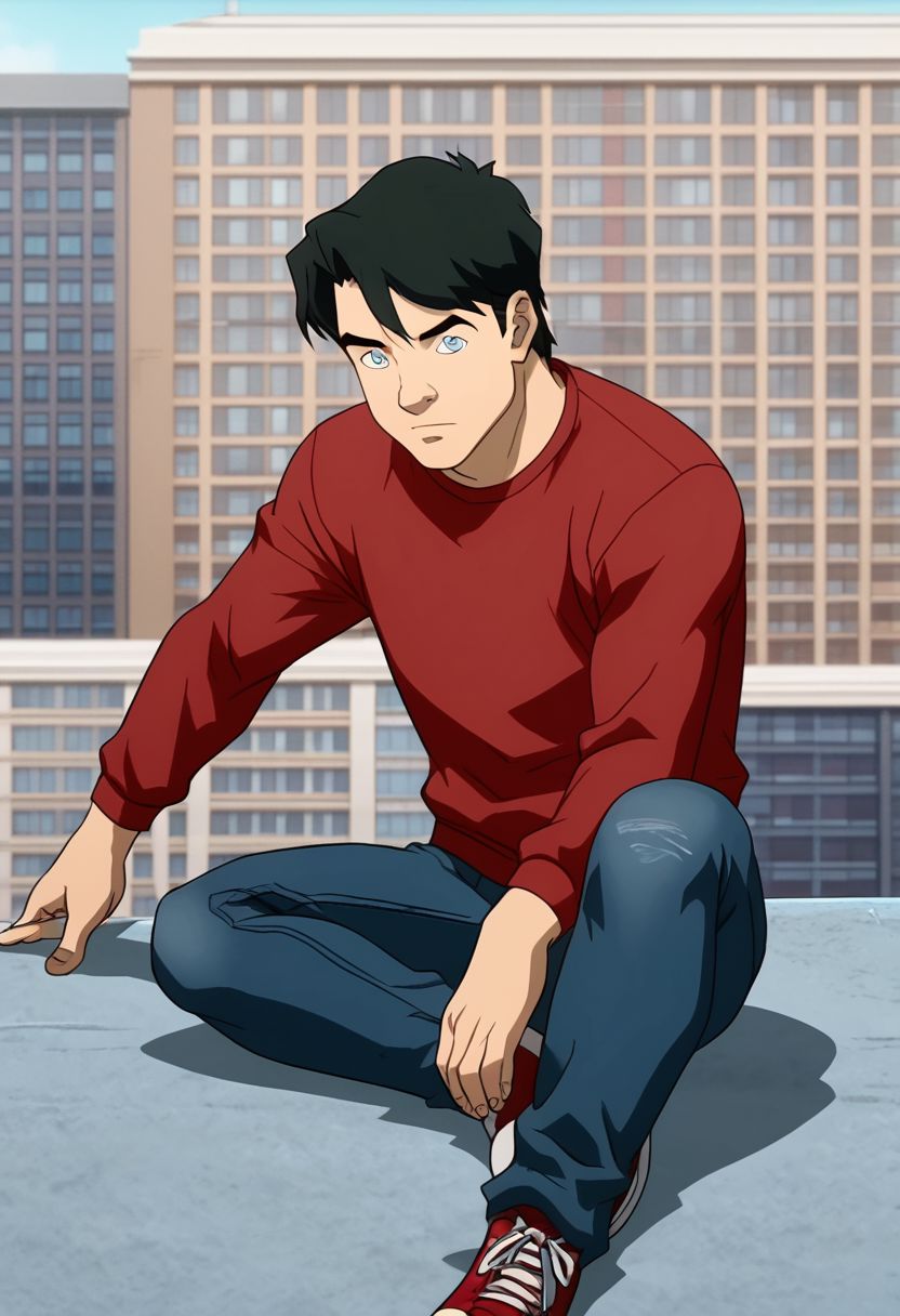 High Quality,  Billy batson,  solo, 1boy, black hair, blue eyes, red tshirt, bluejeans, , posing on the roof of a building,