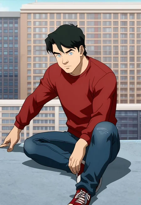 High Quality,  Billy batson,  solo, 1boy, black hair, blue eyes, red tshirt, bluejeans, , posing on the roof of a building,