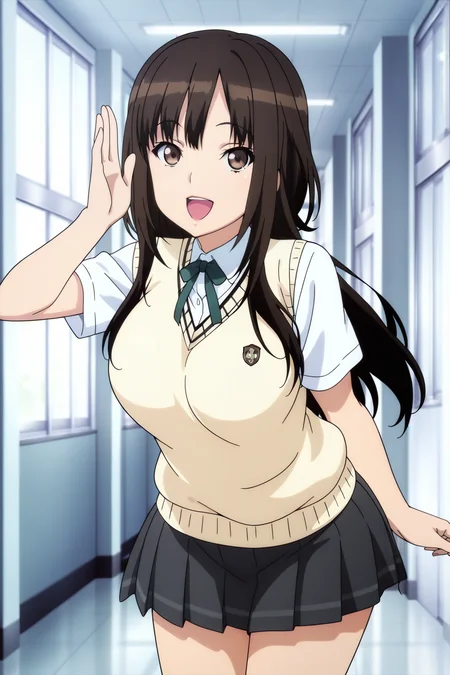 anime screenshot, kamizaki makoto, 1girl, solo, black hair, long hair, brown eyes, large breasts, school uniform, kibito high school uniform, white shirt, collared shirt, short sleeves, yellow sweater vest, green ribbon, neck ribbon, grey skirt, pleated skirt, looking at viewer, smile, open mouth, hand up, open hand, cowboy shot, indoors, hallway, masterpiece, best quality, high quality, highres, absurdres, <lora:kamizaki_makoto_ILXL:0.9>
