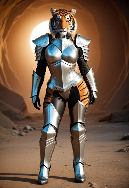 The armored Queen of tigers, female tiger, 18 years old, mean tiger eyes, skimpy leather armor of mists, zoomed out:.10, raw, masterpiece, extremely detailed photo, extreme ultra best picture, extreme ultra intricate creative detail, extreme hyper realistic detail, extreme ultra hyper photo realism, extreme ultra-hyper immersive visuals, extreme 3D realistic, ultra 4080p, HD, VFX, SFX, FKAA, TXAA, RTX, SSAO, full portrait