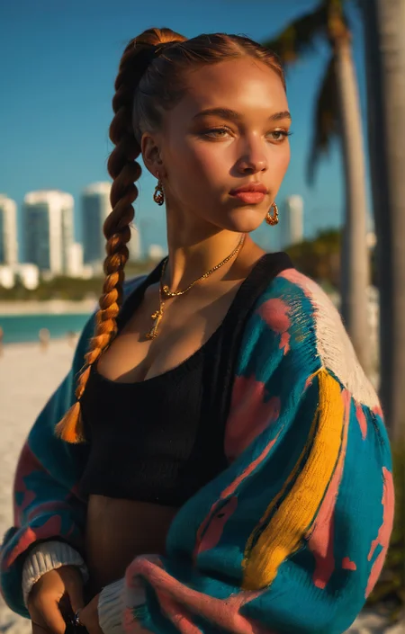 (tudor portrait, hans holbein style), a hip-hop model wearing oversized and baggy low-cut sweater, plunging neckline, hair tied in a ponytail, smirk, drip drip, skrrrt skrrrt, Beatnik aesthetic, vibrant colors, stunning miami beach background. dark and moody, a mesmerizing blend of light and shadow. masterpiece, absurdres, intricate details <lora:Hans_Holbein_Style_XL_Tudor_Portraits:1>