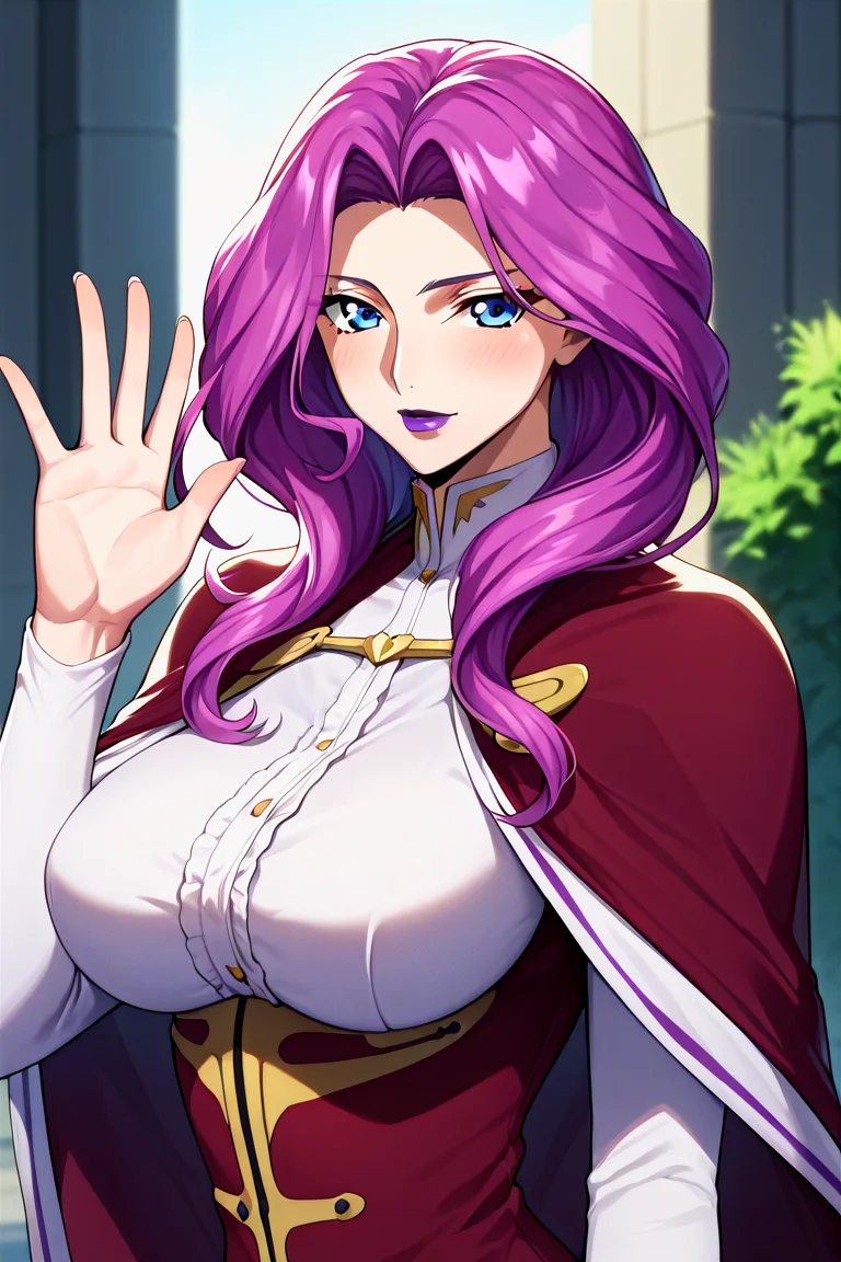 score_9, score_8_up, score_7_up, score_6_up, score_5_up, score_4_up, rating_questionable, , source_anime, digital illustration, pixiv, fanbox, uncensored, , BREAK, official art,
1girl, solo, mature female, cornelia li britannia, purple hair, blue eyes, large breasts, lipstick, purple lips,
military uniform, glovers, gold trim, cape, waving, outdoors, upper body, blush, cowboy shot, looking at viewer, <lora:Cornelia_li_Britannia_Pony-000009:0.9>