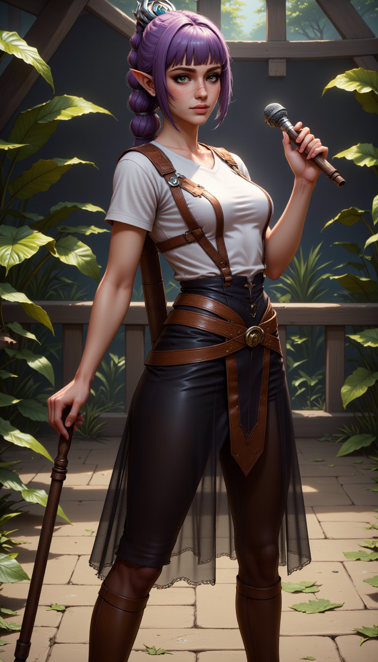 A male elf character wearing T-shirt dress and Tulle skirts. In her hand she is wielding a Tonfa. The woman is doing a Podcasting activity in a mechanical zoo location. A full body front and side view. Highly detailed young fantasy woman with fantasy aesthetic. She has freckles, pointy ears, large, expressive brown eyes. She has purple.