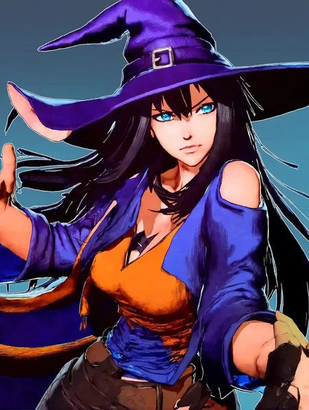crosstoon style, cel shading, ((crosshatch)), anime,portrait of a witch, black hair, blue eyes, simple background <lora:Garou:0.9>