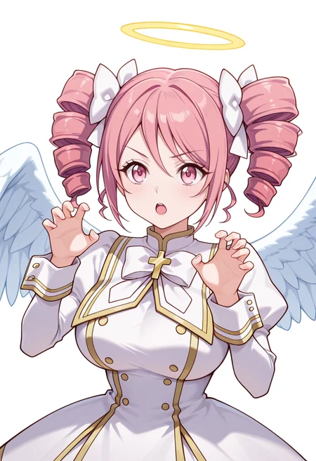 Smooth Quality,masterpiece,very intricate, high quality details, ultra realistic, high detailed skin,detailed enviorement,absurdres,
claw pose,
 <lora:Pino_CNR:0.8> pino_cnr, 1girl, pink hair, short hair, twintails, drill hair, pink eyes, large breasts,pino_cnr_def, white dress,white bow, hair bow, hair ribbon, cross,long sleeves, juliet sleeves, halo, angel wings,, open mouth,, simple background, white background, front view,solo,