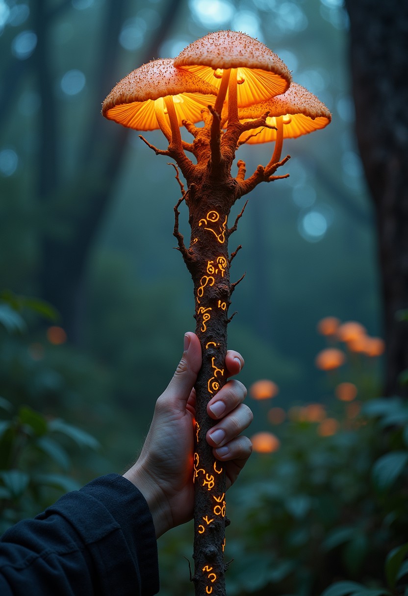 Old national geographic grainy photography, fined grain photo :
Render an image of a staff made from an ancient, gnarled tree branch, its surface covered in glowing, rune-like patterns that pulse with magical energy. The top of the staff is adorned with a cluster of glowing, bioluminescent mushrooms, casting a soft, mystical light. A hand grips the staff, with small, glowing roots wrapping around the fingers as if the staff is alive. The background is blurred into a dark, enchanted forest with hints of glowing plants and softly drifting mist, creating a powerful connection between nature and magic.