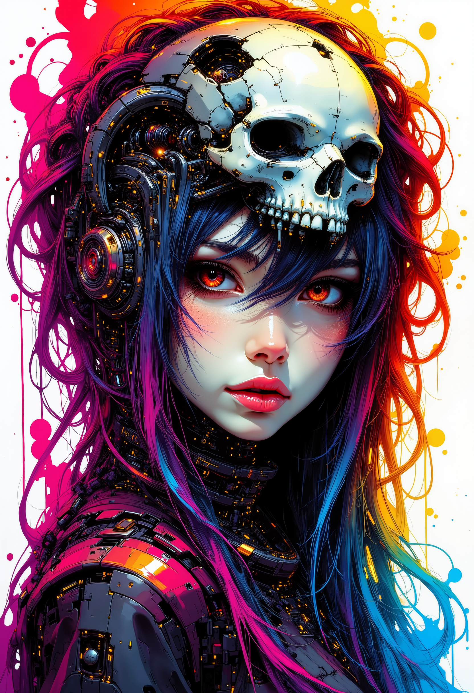 A digital cyberpunk art splash in the style of bo-cyborgsplash, a striking portrait of a woman with a skull-like headpiece and intricate details, featuring a mix of grey and red hair, fantastic abstract colorful art splash, high quality, ultra detailed.<lora:boFLUX Cyborgsplash.safetensors:1.0:1.0>