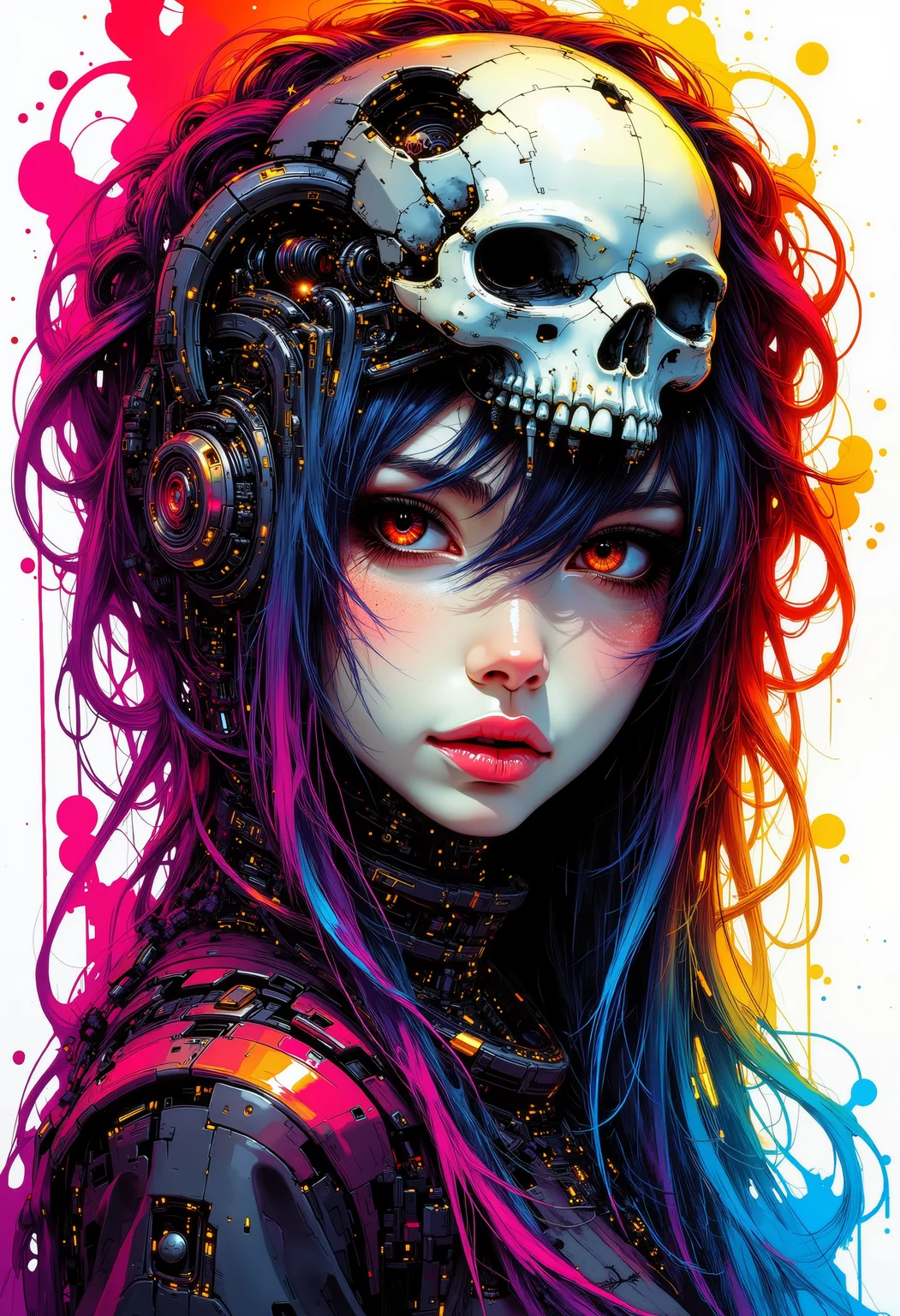 A digital cyberpunk art splash in the style of bo-cyborgsplash, a striking portrait of a woman with a skull-like headpiece and intricate details, featuring a mix of grey and red hair, fantastic abstract colorful art splash, high quality, ultra detailed.<lora:boFLUX Cyborgsplash.safetensors:1.0:1.0>