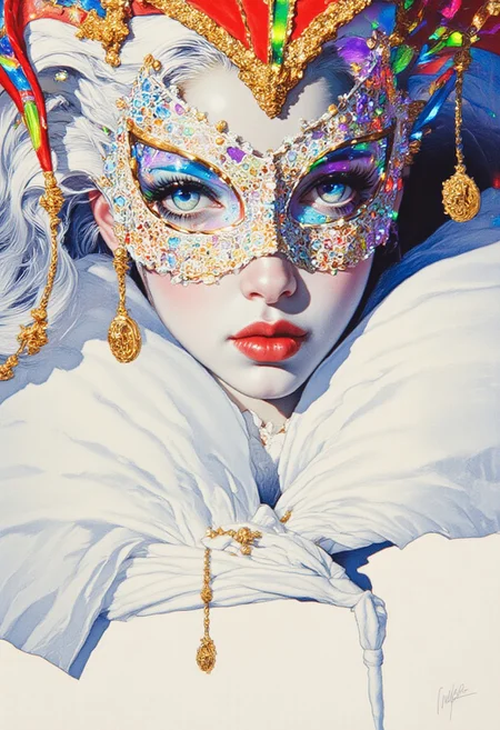 A high-resolution ArsMJStyle colored pencil hyper-detailed realism illustration of a mesmerizing woman wearing a jester mask composed of vibrant, multicolored glowing neon dots in deep red, electric blue, bright yellow, vivid green, rich purple, and radiant orange, each shimmering and pulsing with an ethereal glow. Her flawless porcelain skin exudes a soft luminescence, contrasting with her striking white hair that flows elegantly around her face. Her light blue eyes are hypnotic, featuring intricate swirling patterns that refract a kaleidoscope of colors, drawing the viewer into their depth. The mask is framed by delicate golden patterned borders, while her meticulously stitched mouth is bound with fine golden twine that glistens subtly under the light. She wears a flowing white robe that cascades gracefully around her, enveloping her in a celestial aura. The composition, captured in a close-up shot with soft diffused lighting, enhances her surreal beauty, inspired by Salvador Dalí and Annie Leibovitz. The bright white theme with high contrast and cool hues harmonizes with her features, while defined highlights sculpt the contours of her face. Subtle shadows add depth, accentuating the sparkling golden elements woven throughout the piece. A locket earring gleams with a mysterious allure, seamlessly blending cyberpunk anime aesthetics with ne0nfant4sy influences.