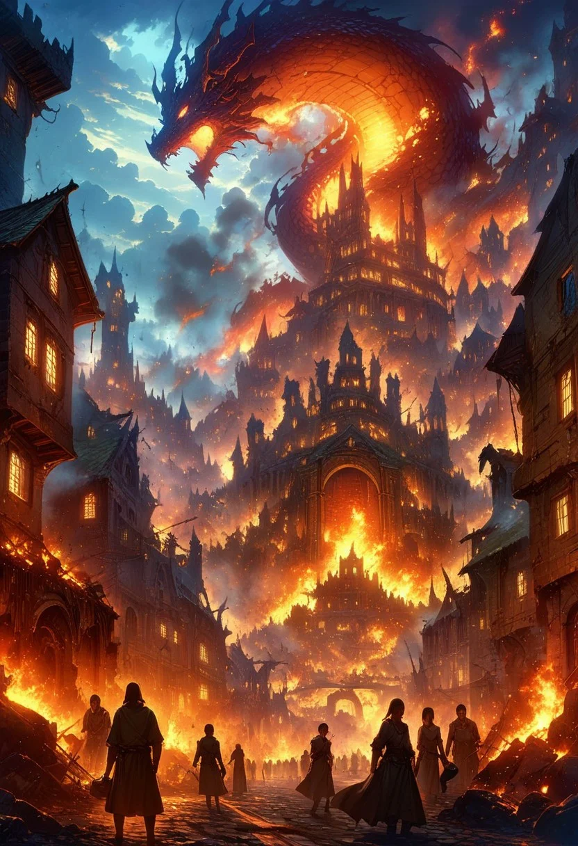 detailed background,(flying dragon burning city night landscape), amongst ruined burning houses. middle age city, fire and smoke, beautiful view, people are hiding, burning giant tree, early morning, sunrise sky, smokes are rising, dappled sunlight, outdoor seating, rock road, castle is destroyed, burning, depth of field, masterpiece, best quality, ultra-detailed, very aesthetic, illustration, perfect composition, intricate details, absurdres, moody lighting, wisps of light, no humans,