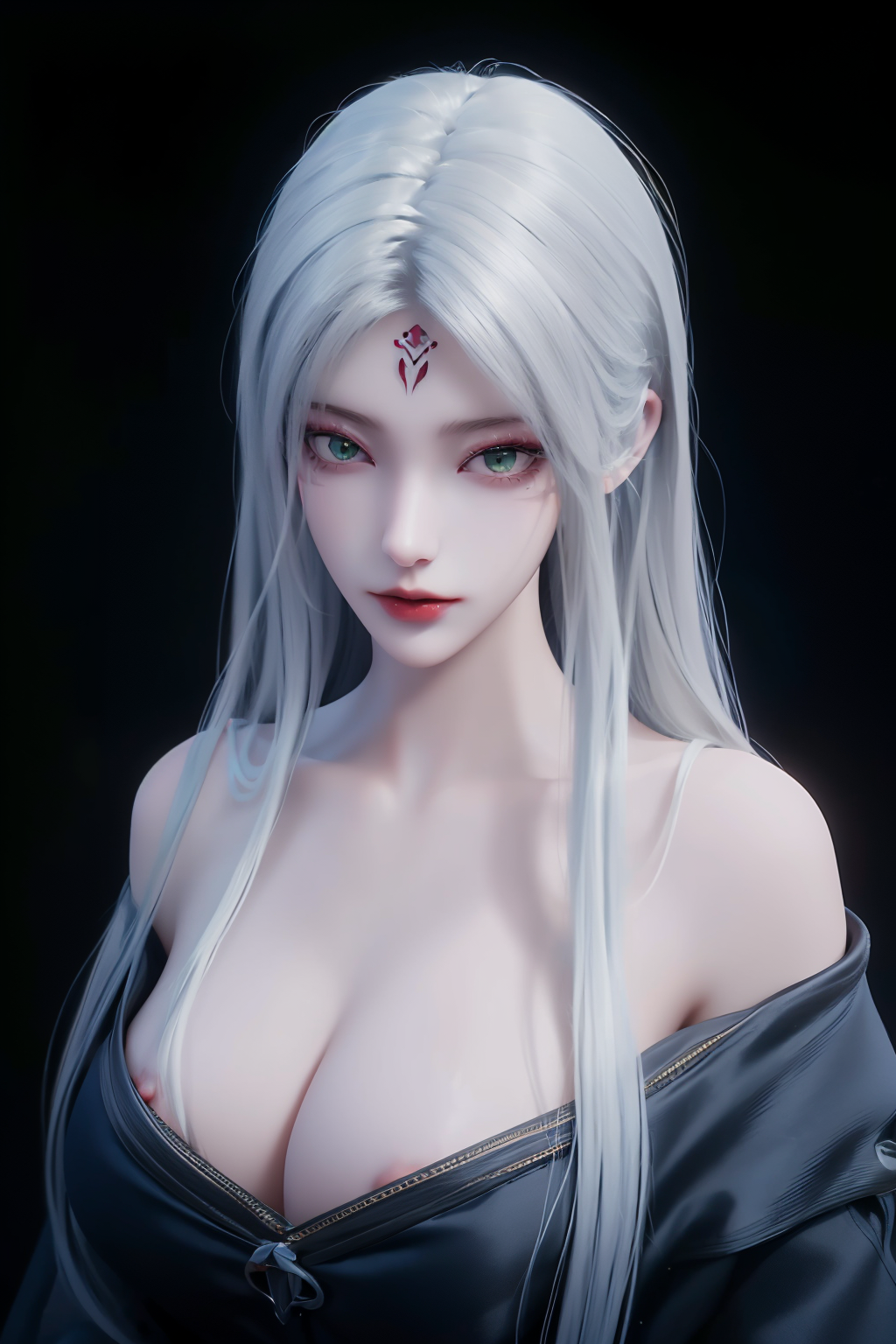 <lora:XiaoBai-SD1:1>,
xiaobai,1girl,solo,long hair,white hair,green eyes,(facial mark:1.1),simple background,red lips,upper body,Character details,lips,closed mouth,makeup,looking at viewer,realistic,forehead mark,shoulder,Detailed carving of forehead pattern,black background,undressing,clothes_down,clothes_removed,(topless:1.3),cleavage,medium breasts,(NSFW:1.3),, best quality , masterpiece, illustration, an extremely delicate and beautiful, extremely detailed ,CG,unity,8k wallpaper, Amazing, finely detail, masterpiece, best quality,official art,extremely detailed CG unity 8k wallpaper,absurdres, incredibly absurdres, huge filesize , ultra-detailed, highres, extremely detailed,beautiful detailed girl, extremely detailed eyes and face, beautiful detailed eyes,light on face,