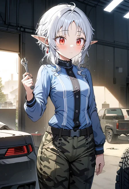 ybyg,1girl,Sylphiette ,Mushoku Tensei :Isekai Ittara Honki Dasu, masterpiece, best quality, 8K, very aesthetic, UHD, volumetric lighting, natural lighting, highly detailed, intricate details,little breasts,little hips,white hair, red eyes, elfs ears, earrings, standing, modern mehanic outfit, blue shirt, camouflage pants, holding wrench, garage, modern lighting, repair cars, open bonnet,