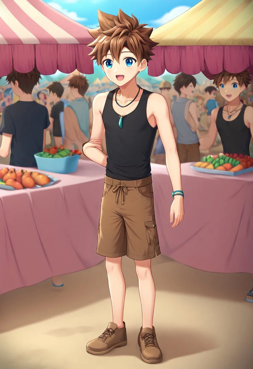 okada_zenya, brown hair, spiky hair, blue eyes, solo focus, 1boy, solo, necklace, hand band, black tank top, brown shorts, full body, outdoor, sunny day, market in the background