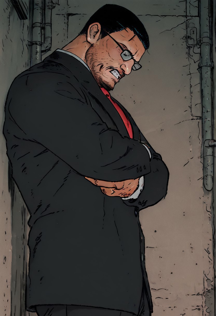 (masterpiece), side view, (ultra-detailed, 8k, gritty cinematic style), mid shot, male pov (best quality), (ultra-detailed), noise effect. chromatic aberration, 
BREAK
1 boy,  black hair, bara, pants facial hair, mustache, short hair, formal, suit, red necktie, collared shirt, glasses, eyes at viewer, bare breasts,no pants, portrait,   standing, arms crossed, alley lit by flickering neon, happy, clenched teeth, frown 
BREAK
urban desire at its peak, 
,