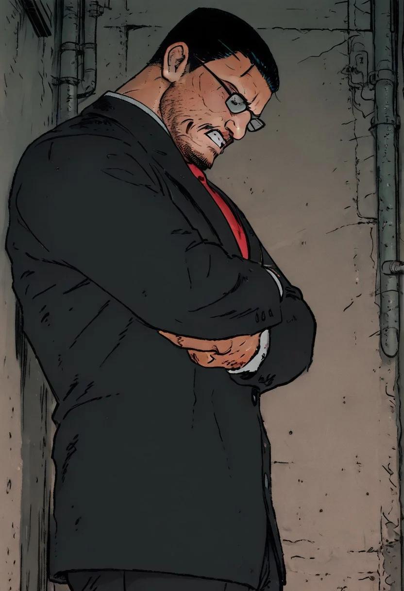 (masterpiece), side view, (ultra-detailed, 8k, gritty cinematic style), mid shot, male pov (best quality), (ultra-detailed), noise effect. chromatic aberration, 
BREAK
1 boy,  black hair, bara, pants facial hair, mustache, short hair, formal, suit, red necktie, collared shirt, glasses, eyes at viewer, bare breasts,no pants, portrait,   standing, arms crossed, alley lit by flickering neon, happy, clenched teeth, frown 
BREAK
urban desire at its peak, 
,