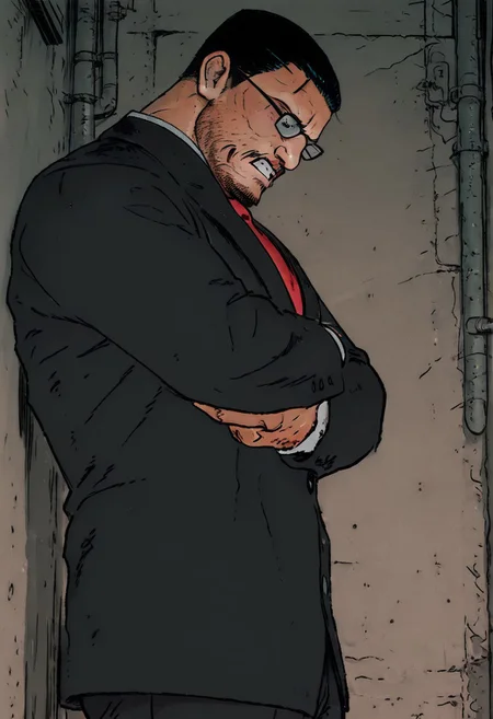 (masterpiece), side view, (ultra-detailed, 8k, gritty cinematic style), mid shot, male pov (best quality), (ultra-detailed), noise effect. chromatic aberration,
BREAK
1 boy, black hair, bara, pants facial hair, mustache, short hair, formal, suit, red necktie, collared shirt, glasses, eyes at viewer, bare breasts,no pants, portrait, standing, arms crossed, alley lit by flickering neon, happy, clenched teeth, frown
BREAK
urban desire at its peak,
,