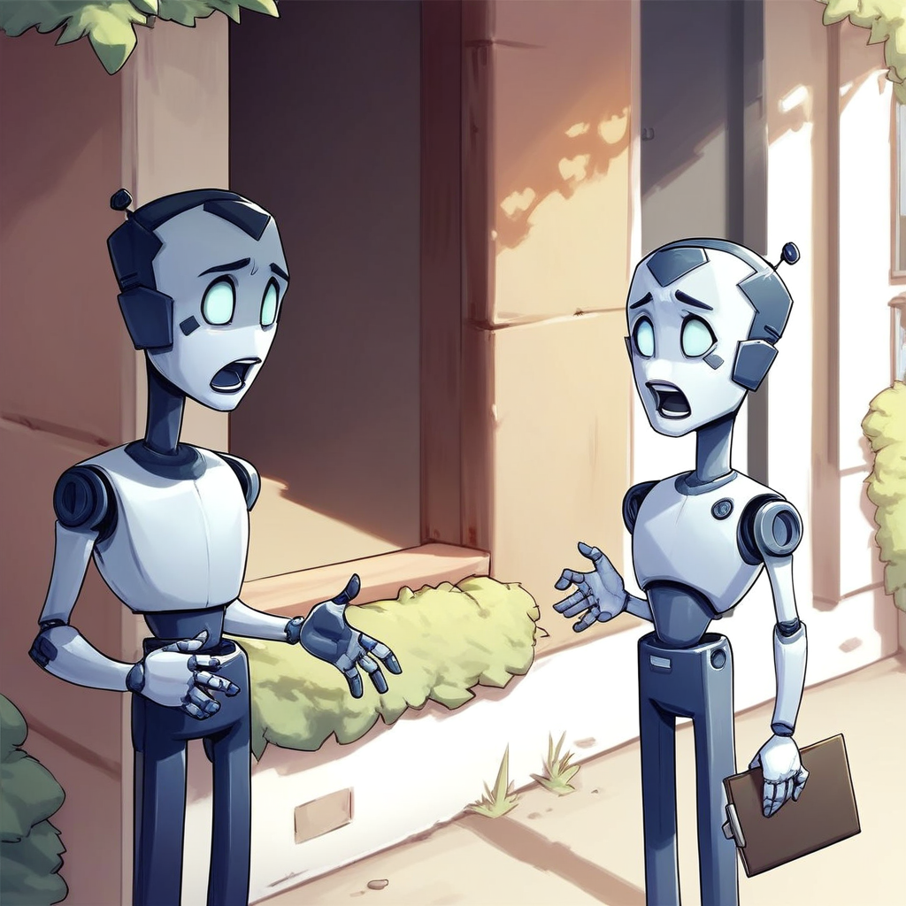 score_8, score_8_up, score_7_up, lo_su_tr, no humans, humanoid robot, standing, open mouth, looking at another, hands up, holding clipboard, hand up, outdoors, corner