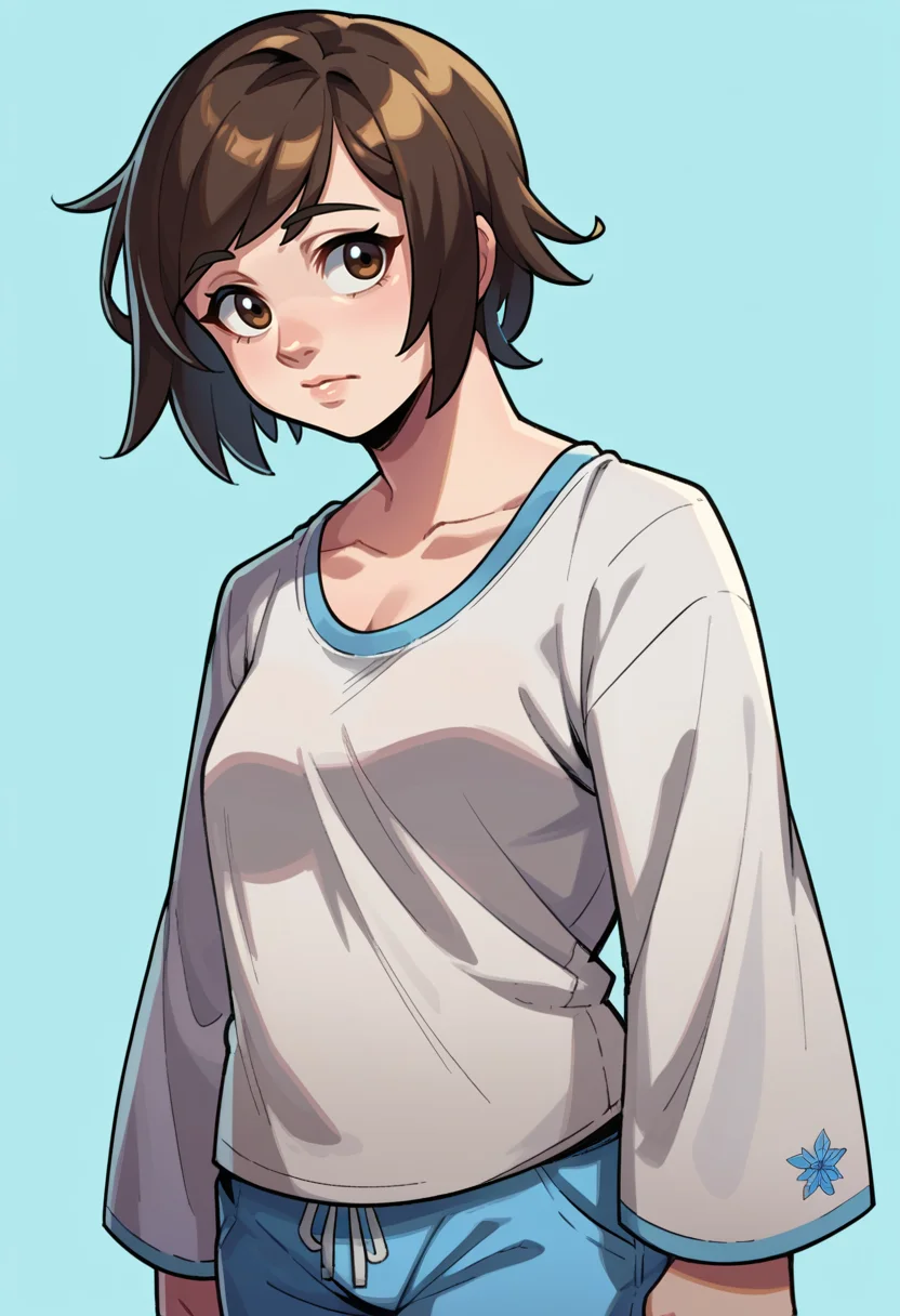 score_9, score_8_up, score_7_up, BREAK <lora:hades-guy-PONYv1:1>, shadow, portrait, blue background, 1girl, solo, mei \(overwatch\), pajamas, oversized shirt, white shirt, blue pants, medium hair, undershirt, tank top, long sleeves,