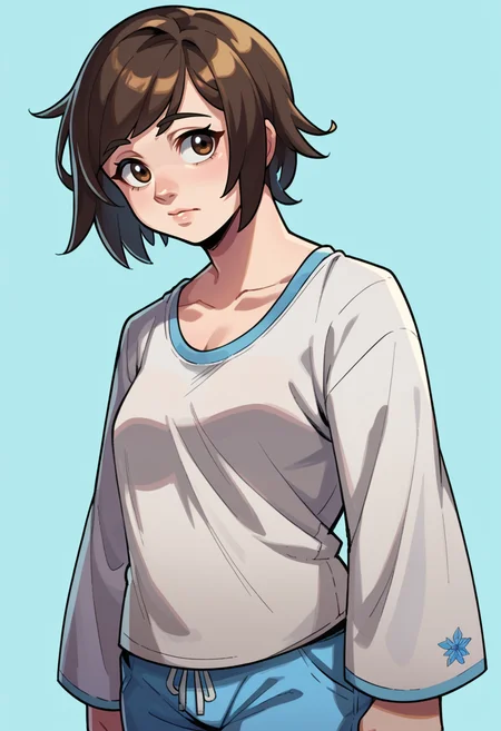 score_9, score_8_up, score_7_up, BREAK <lora:hades-guy-PONYv1:1>, shadow, portrait, blue background, 1girl, solo, mei \(overwatch\), pajamas, oversized shirt, white shirt, blue pants, medium hair, undershirt, tank top, long sleeves,