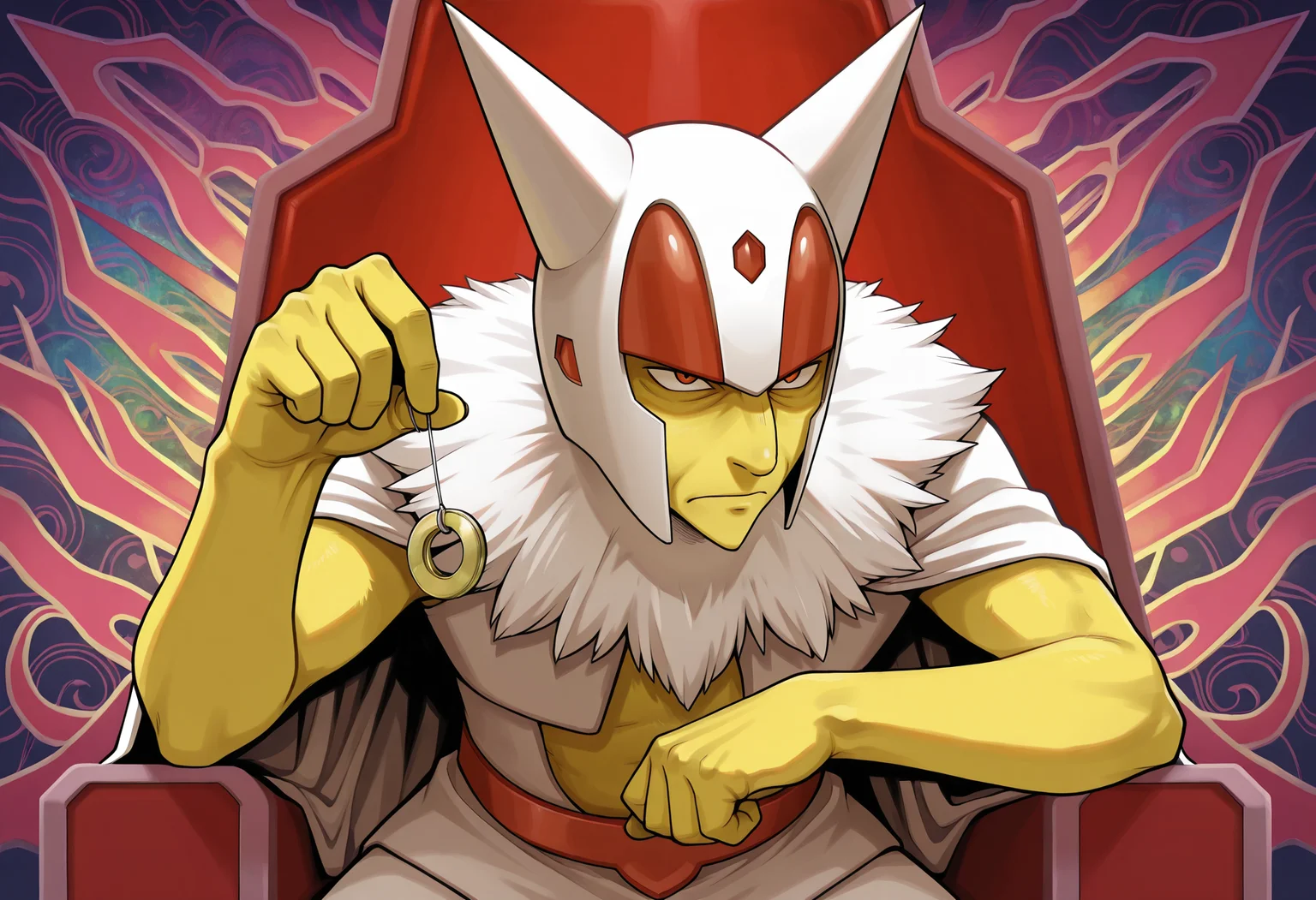 1boy, solo,
heika, helmet, horned helmet,throne,white clothes,red helmet, white helmet,color timer,
hand up, holding pendulum, long_nose,,no mouth,frown,glaring,light smile, leaning forward, yellow_skin,
colorful thme,psychedelic background,
masterpiece,best quality,amazing quality,very aesthetic,absurdres,newest,
<lora:StS-Illustrious-Detail-Slider-v1.0:1.5>,<lora:reduce_wrinkles_illstriouosv0.1_ADDifT_2_in_1_v1.2:0.8>, <lora:99coins_heika_IL_v3_10:1> <lora:pokemon-hypno-illustriousxl-lora-nochekaiser:1>, hypno, pokemon (creature), furry, furry male,