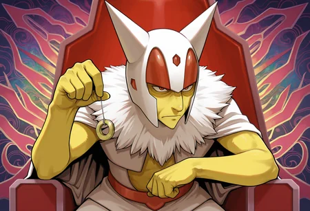 1boy, solo,
heika, helmet, horned helmet,throne,white clothes,red helmet, white helmet,color timer,
hand up, holding pendulum, long_nose,,no mouth,frown,glaring,light smile, leaning forward, yellow_skin,
colorful thme,psychedelic background,
masterpiece,best quality,amazing quality,very aesthetic,absurdres,newest,
<lora:StS-Illustrious-Detail-Slider-v1.0:1.5>,<lora:reduce_wrinkles_illstriouosv0.1_ADDifT_2_in_1_v1.2:0.8>, <lora:99coins_heika_IL_v3_10:1> <lora:pokemon-hypno-illustriousxl-lora-nochekaiser:1>, hypno, pokemon (creature), furry, furry male,