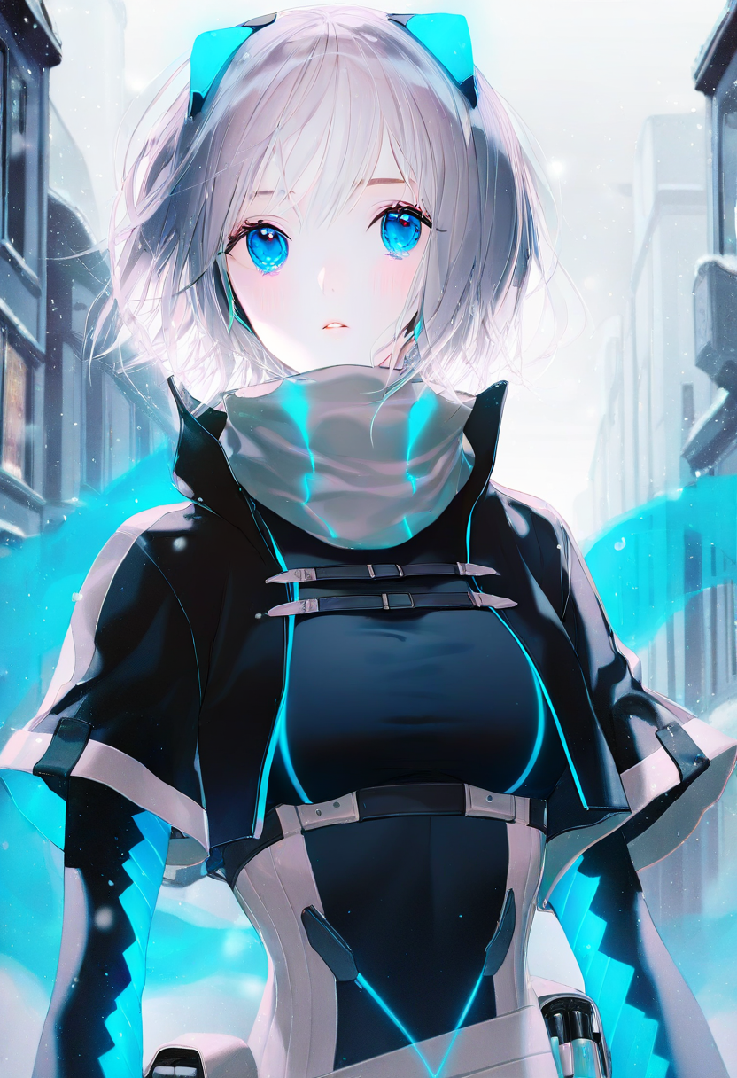 artist:gomzi,artist:wanke,artist:diyokama,
1girl, solo,
icey, blue eyes, grey hair, short hair, fake animal ears,
neon trim, grey scarf, cropped jacket, black jacket, black bodysuit, blue gloves, multiple belts, short shorts, taut clothes,
upper body, snowing, town,
<lora:icey.ilxl:1>