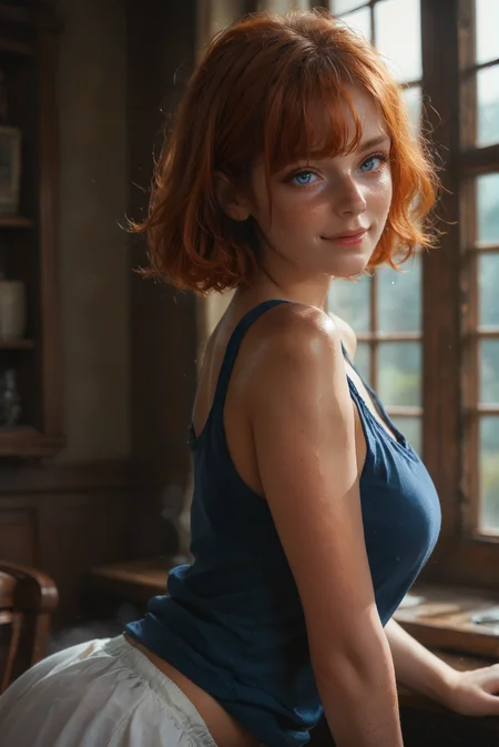 1girl, freckles, ginger hair,short hair, bangs, blue eyes, tank top, top lifted,lifting top, wet, sweating,steam,blushing ,side view, 
looking at viewer, large breasts,white panty,light smile, bent over,look back, sexy ass,
Dark, blue theme,dof,star night,very cute-very pretty-very beautiful-amazing beauty-hot-sexy girl,
<lora:sdxl_lightning_8step_lora:1>
score_9, score_8_up, score_7_up,score_6_up,EZRealPONYXL,rating_safe,
hyper-Detailed, masterpiece, best Quality,film Grain,
 <lora:WE2:0.8> <lora:dark:0.25>