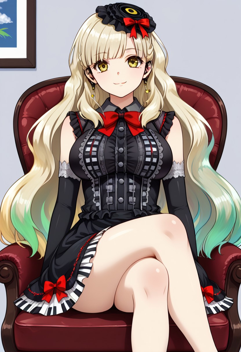 ((living room)), ((looking at viewer)), 1girl, solo, detailed eyes, high definition eyes, eyesHD, high gradient eyes, ((sitting on chair)), ((crossed legs)), ((large breasts)), smile, closed mouth, ((Mayu)), very long hair, blonde hair, gradient hair, multicolored hair, ((yellow eyes)), light blonde fades to rainbow hair, black hat, black gothic dress, sleeveless dress, ((medium dress)), elbow gloves, black gloves, red bow, jewelry, earphones, earrings