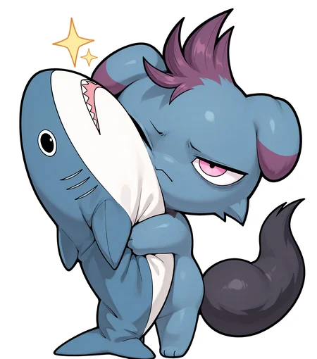 masterpiece, best quality, absurdres, simple background, white background, <lora:Depresso_IL-000008:1> depresso, blue body, purple hair, black tail, pink eyes, solo, one eye closed, ikea shark, hugging ikea shark, chibi, standing, sparkle