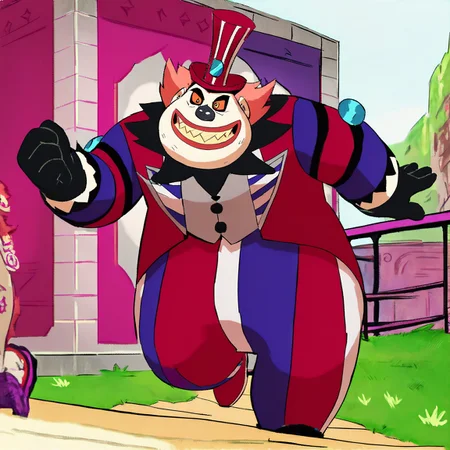 score_9, score_8, score_7, score_6_up, (zombozo, votebozo-outfit, fat man, solo, male, red hair, top hat, orange eyes, black nose, red lips, sharp teeth, black gloves, striped outfit, buttons, shoes, smiling,) scenery, masterpiece, best quality, very aesthetic,