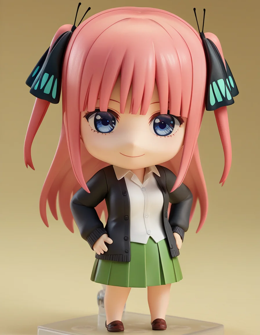 score_9, score_8_up, score_7_up, source_anime,
ninonakano, <lora:nino-nakano-s2-ponyxl-lora-nochekaiser:0.5>, 
nino nakano, long hair, bangs, blue eyes, hair ornament, hair ribbon, pink hair, blunt bangs, two side up, butterfly hair ornament, mature female,
skirt, shirt, long sleeves, white shirt, pleated skirt, open clothes, collared shirt, sleeves past wrists, dress shirt, cardigan, green skirt, open cardigan, black cardigan,
<lora:nendoroid-figurines-ponyxl-lora-nochekaiser:1>, nendoroid, 1girl, solo, chibi, 3d, smile, hand on hips,