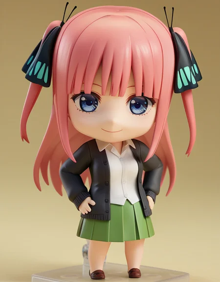 score_9, score_8_up, score_7_up, source_anime,
ninonakano, <lora:nino-nakano-s2-ponyxl-lora-nochekaiser:0.5>,
nino nakano, long hair, bangs, blue eyes, hair ornament, hair ribbon, pink hair, blunt bangs, two side up, butterfly hair ornament, mature female,
skirt, shirt, long sleeves, white shirt, pleated skirt, open clothes, collared shirt, sleeves past wrists, dress shirt, cardigan, green skirt, open cardigan, black cardigan,
<lora:nendoroid-figurines-ponyxl-lora-nochekaiser:1>, nendoroid, 1girl, solo, chibi, 3d, smile, hand on hips,