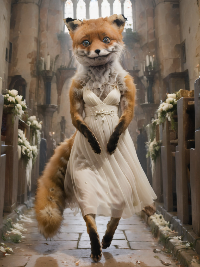 silhouette, desperate depiction of a veiled and white wedding dress wearing stnerfx sad fox that is stumbling down the isle ,   <lora:- SDXL - stnerfx _Stoner_Fox_V3.0:1>