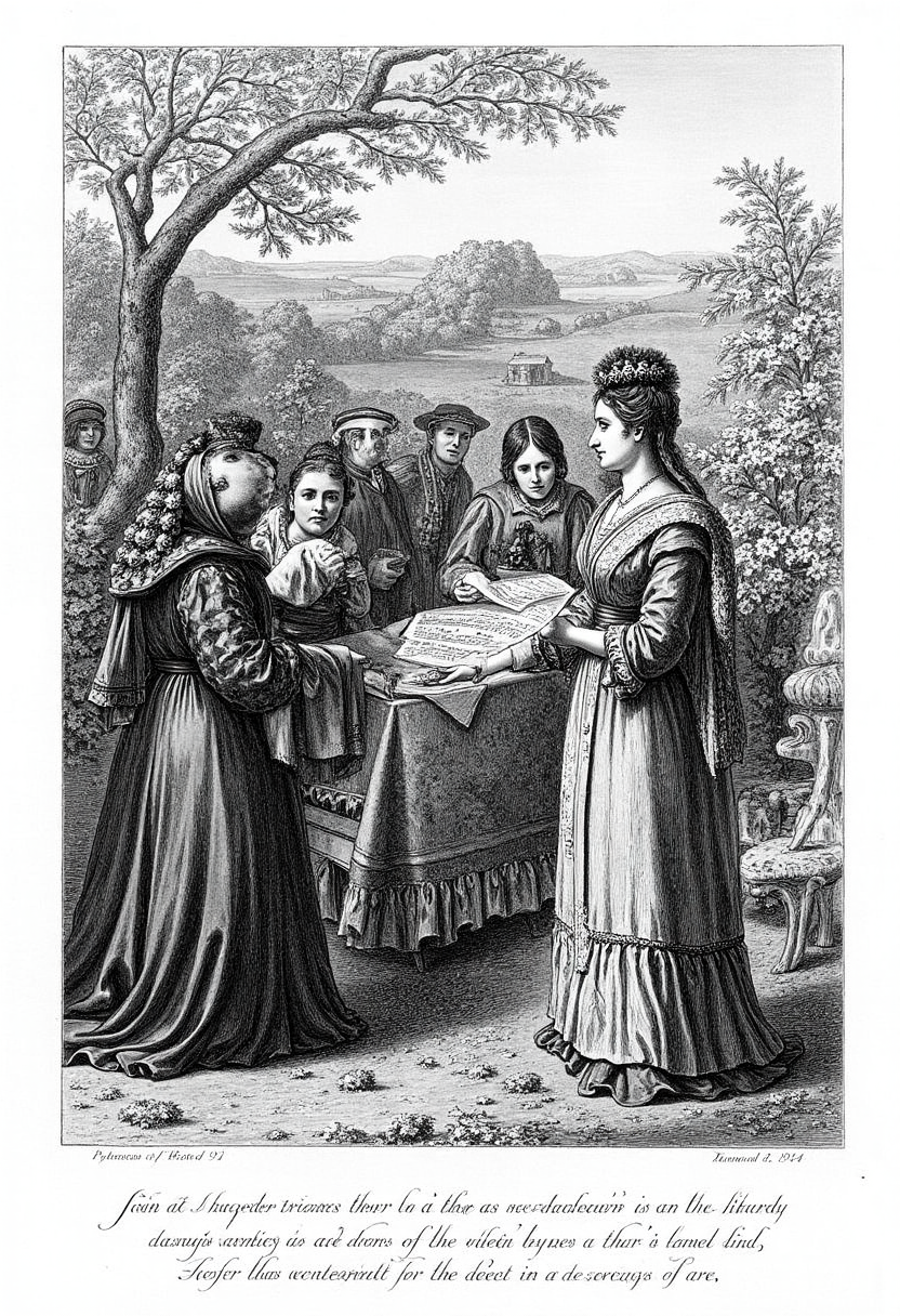 , A hand-drawn etching of Jane Austen reading her manuscript to a gathering of friends and family in the English countryside.