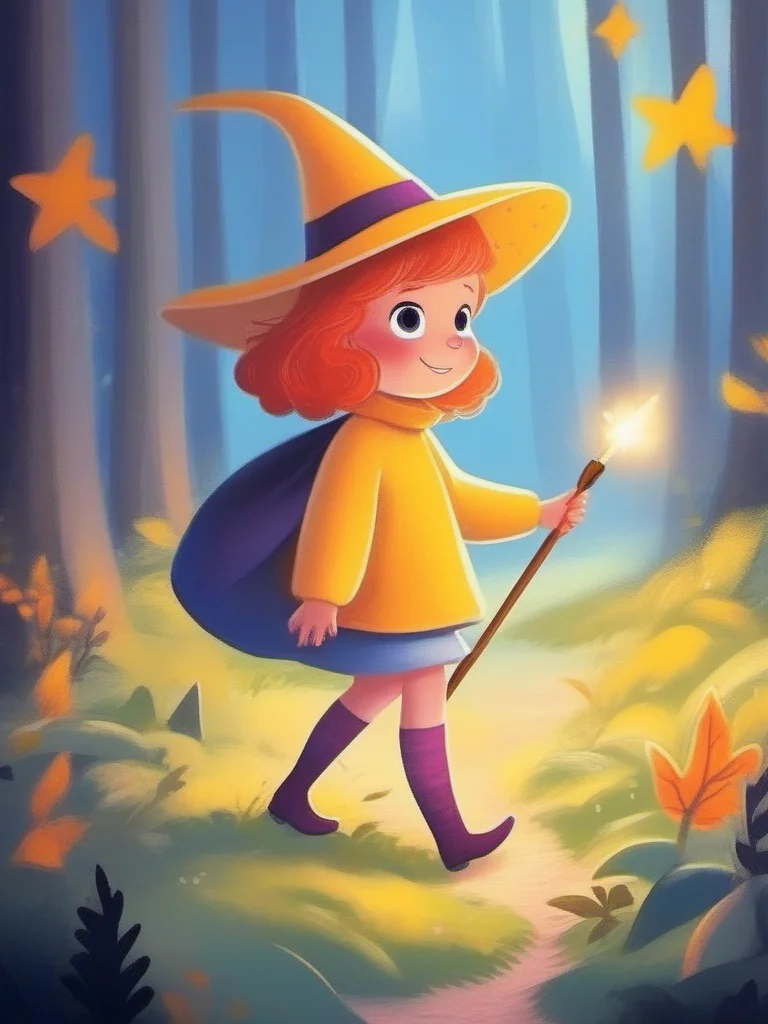 A little girl is walking through a forest with a wand in her hand. She is wearing a yellow sweater and a witch's hat., <lora:kids:1> illuillustration,