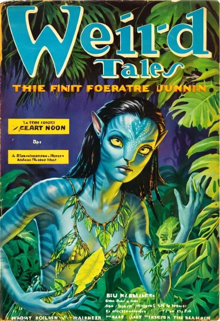 Weird Tales pulp magazine cover of a  Avatar navi alien with blue skin, wearing leaf tunic, futuristic neon bioluminescent jungle in the background