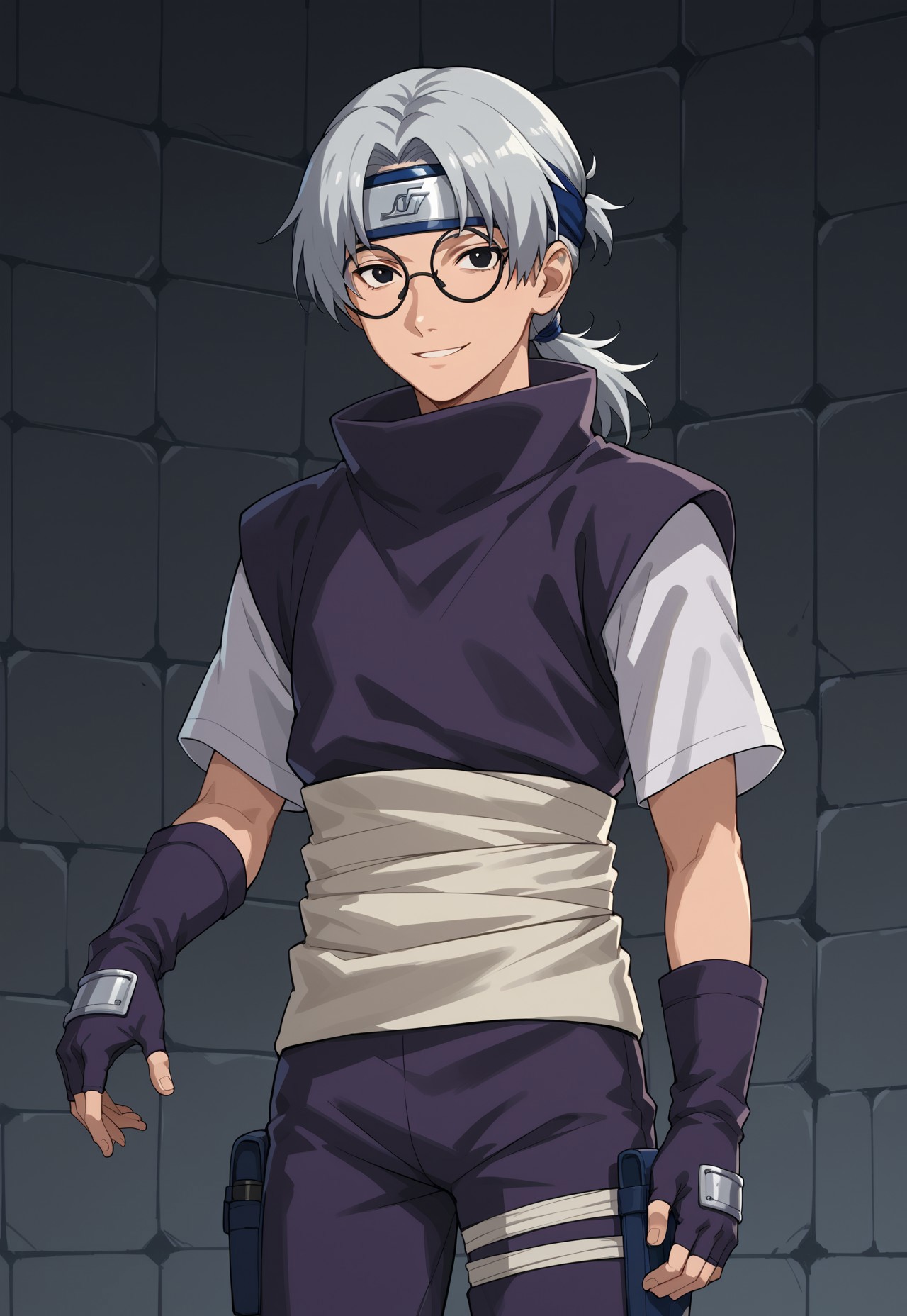 safe_pos, score_9, score_8_up, score_7_up, score_6_up, score_5_up, score_4_up, source_anime, male focus, 1boy, solo, glasses, grey hair, black eyes, curtained hair, low ponytail, long hair, round eyewear, forehead protector, headband, purple shirt with white sleeves, purple pants, blue shoes, sandals, gloves, fingerless gloves, purple gloves, butt pack, leg pouch, leg pouch on right leg, waist sash, smile, looking at viewer, upper body, dungeon setting