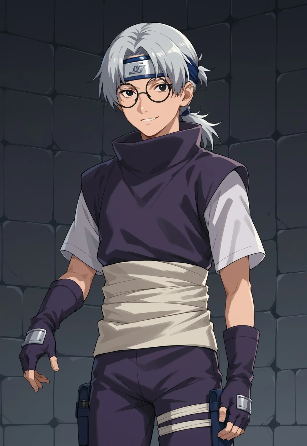 safe_pos, score_9, score_8_up, score_7_up, score_6_up, score_5_up, score_4_up, source_anime, male focus, 1boy, solo, glasses, grey hair, black eyes, curtained hair, low ponytail, long hair, round eyewear, forehead protector, headband, purple shirt with white sleeves, purple pants, blue shoes, sandals, gloves, fingerless gloves, purple gloves, butt pack, leg pouch, leg pouch on right leg, waist sash, smile, looking at viewer, upper body, dungeon setting