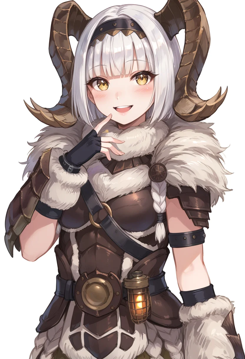 (score_9:0.9),score_8_up,score_7_up,rating_safe,anime style,(zPDXL),<lora:Banbaro beta armor ponyXL v1.2:0.75>, banbaro beta armor, 1girl, solo, horn hairband, looking at viewer, smile, white background, white fingerless gloves, open mouth, blush, simple background, white hair, yellow eyes, teeth, :d, cowboy shot, blunt bangs, long hair, short hair,