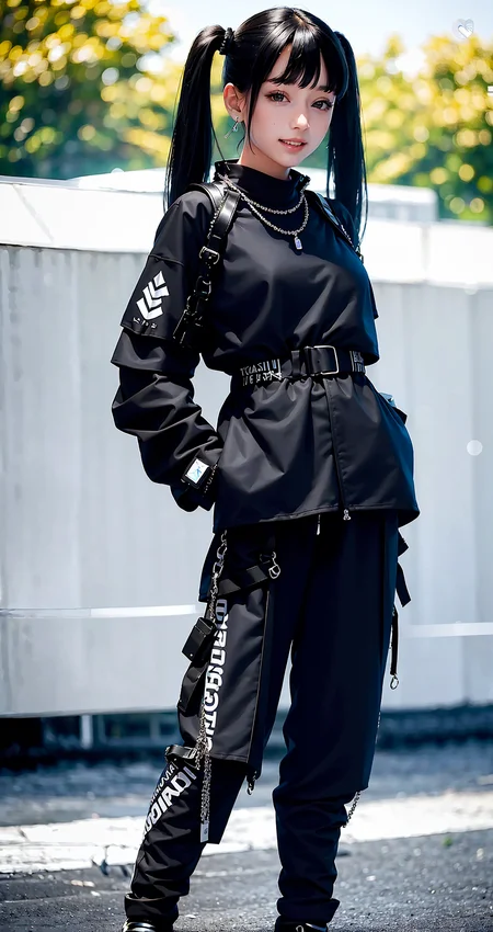 masterpiece, best quality, beautiful clean face, 1woman, wearing techwear jacket and pants with buckle and tape, (crystal necklace), posing for a picture, (black short twintails), long legs, big happy warm smile, very small breasts, carry a backpack on back, in the park <lora:UrbanSamurai_fashion:0.9>