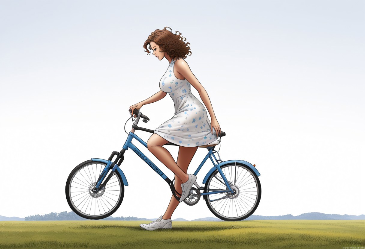 score_9, score_8_up, score_7_up, (chiaroscuro lighting) source_cartoon, f3rn4nd0, (line art) 
22yo French girl riding a bicycle, extremely beautiful and sexy, gray eyes, long wavy curly auburn messy hair flying in the wind, large breasts, sleeveless extremely short pale blue patterned summer dress, cycling shoes. 
anatomically accurate, line art, plain white background 
Full frame image, side view, profile view