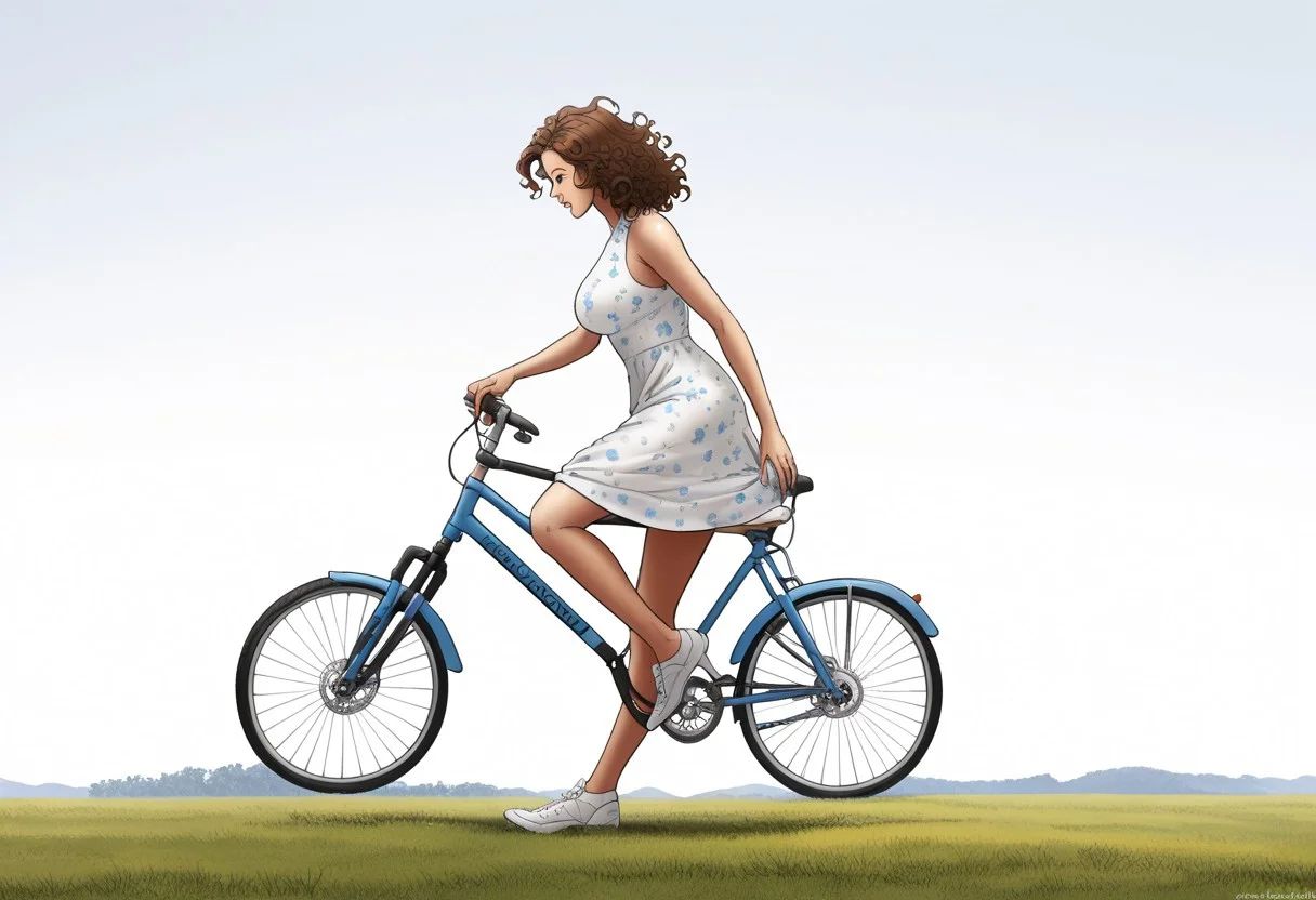 score_9, score_8_up, score_7_up, (chiaroscuro lighting) source_cartoon, f3rn4nd0, (line art)
22yo French girl riding a bicycle, extremely beautiful and sexy, gray eyes, long wavy curly auburn messy hair flying in the wind, large breasts, sleeveless extremely short pale blue patterned summer dress, cycling shoes.
anatomically accurate, line art, plain white background
Full frame image, side view, profile view