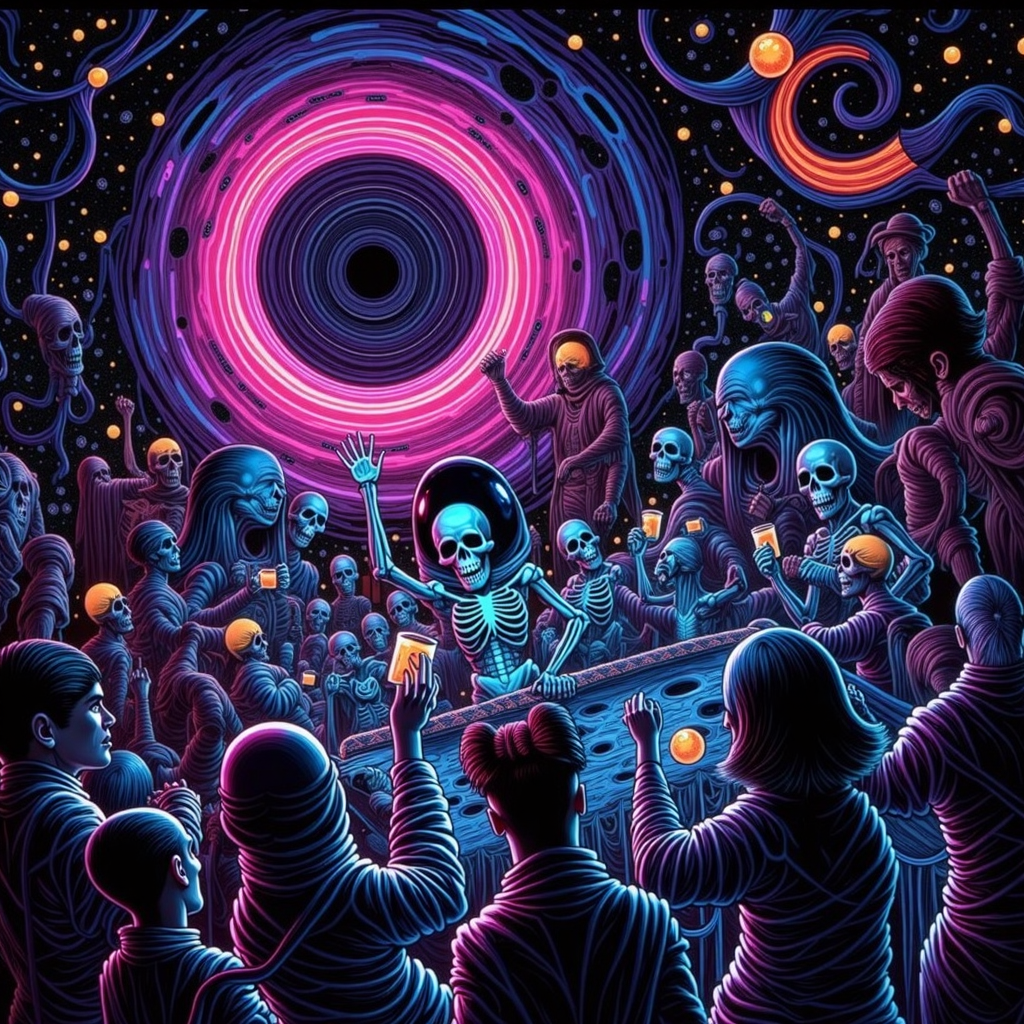 horror-themed psychedelic style concept art Dark Fantasy Art, <lora:Undead Apocalypse v1:1> und34dpsy, a zero-gravity rave happening inside a spinning wormhole, hosted by interdimensional deadites wearing chrome robes. The DJ is a floating skull in a jar. Attendees include psychedelic skeletons, zombie astronauts, and mutated alien groupies. Colors bend and smear, everything floats, and beat drops cause physical ripples in space. Scene loops seamlessly with animated space dust and twitchy camera pans., dark, moody, dark fantasy style . digital artwork, illustrative, painterly, matte painting, highly detailed . vibrant colors, swirling patterns, abstract forms, surreal, trippy . eerie, unsettling, dark, spooky, suspenseful, grim, highly detailed