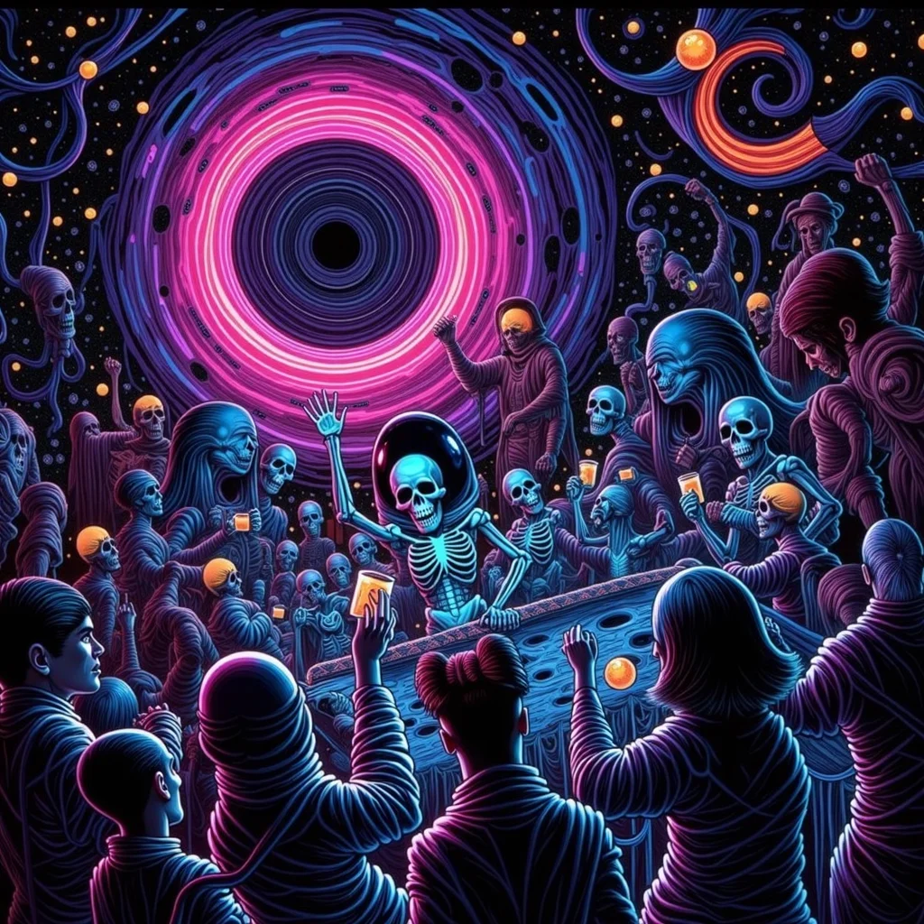 horror-themed psychedelic style concept art Dark Fantasy Art, <lora:Undead Apocalypse v1:1> und34dpsy, a zero-gravity rave happening inside a spinning wormhole, hosted by interdimensional deadites wearing chrome robes. The DJ is a floating skull in a jar. Attendees include psychedelic skeletons, zombie astronauts, and mutated alien groupies. Colors bend and smear, everything floats, and beat drops cause physical ripples in space. Scene loops seamlessly with animated space dust and twitchy camera pans., dark, moody, dark fantasy style . digital artwork, illustrative, painterly, matte painting, highly detailed . vibrant colors, swirling patterns, abstract forms, surreal, trippy . eerie, unsettling, dark, spooky, suspenseful, grim, highly detailed